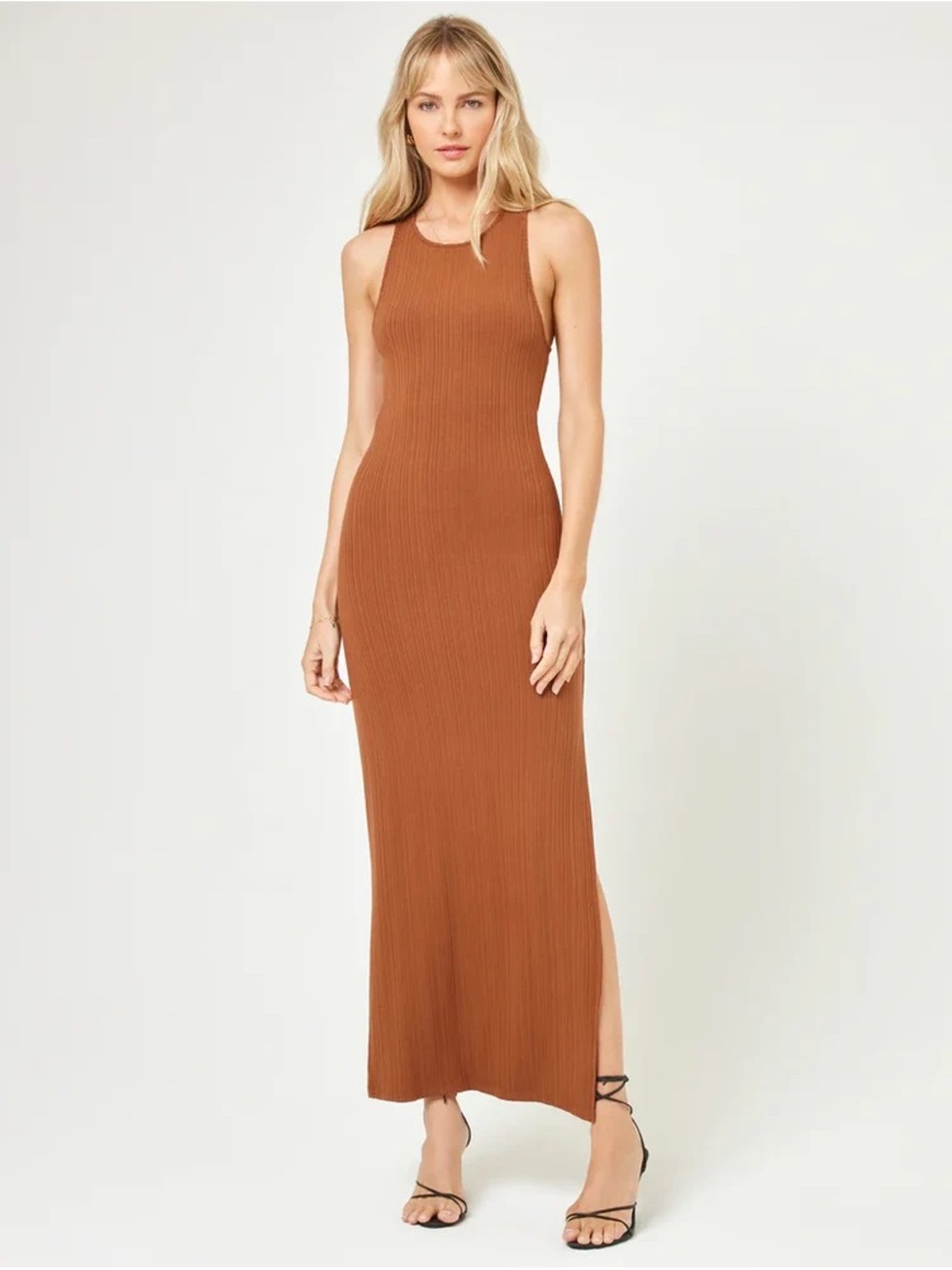 BE COOL Ribbed Sleeveless Maxi Dress in Rust Brown